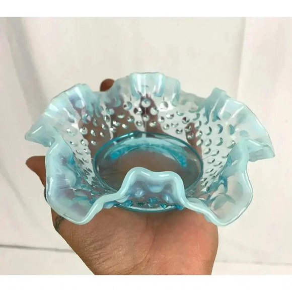 VTG Fenton Ruffled Blue Hobnail Glass Candy Dish Crimped Edges Home Decor - Picture 1 of 16
